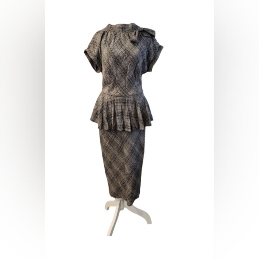 Azure Grey Plaid Patterned Midi Dress with Bow Detail at Neck